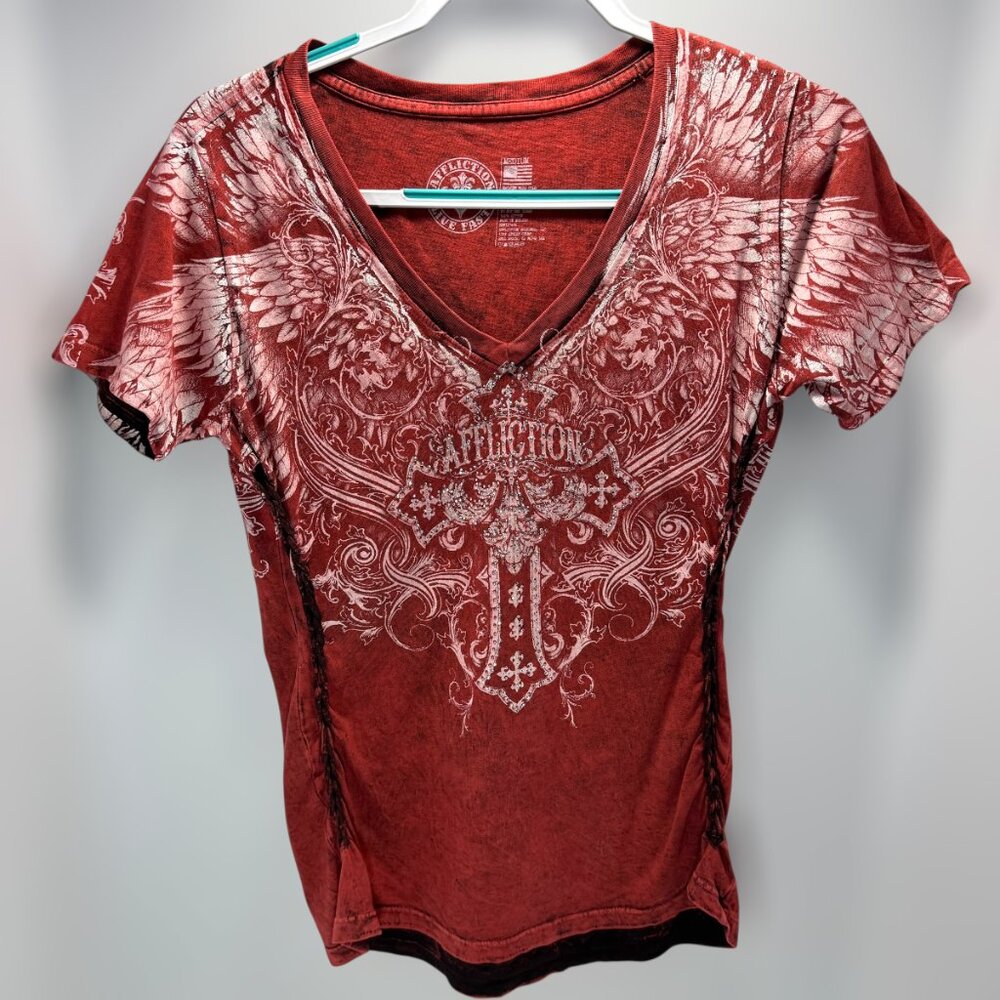Affliction Burnt Orange Winged Cross Burnout Graphic V-Neck Tee